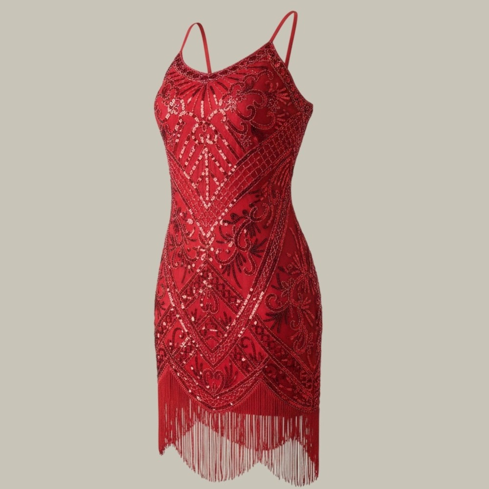 Spirit Halloween Red Sequin Flapper Fringe Mini Dress S Great Gatsby 1920s Style